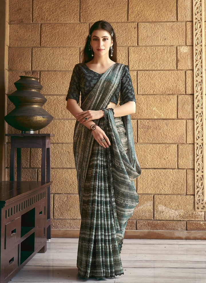 Lassya Fashion Pine Green Party Wear Saree with Handwork and Print