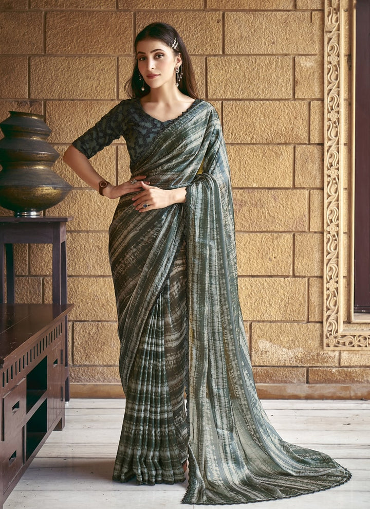 Lassya Fashion Pine Green Party Wear Saree with Handwork and Print