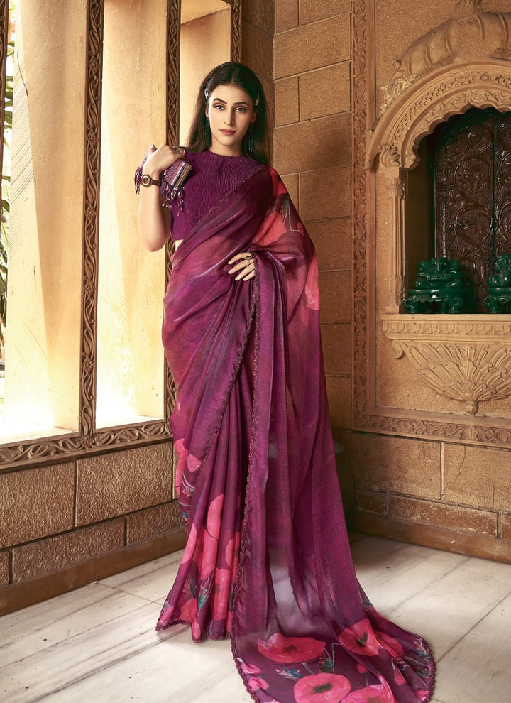 Lassya Fashion Maroon Party Wear Saree with Thread and Stone Work