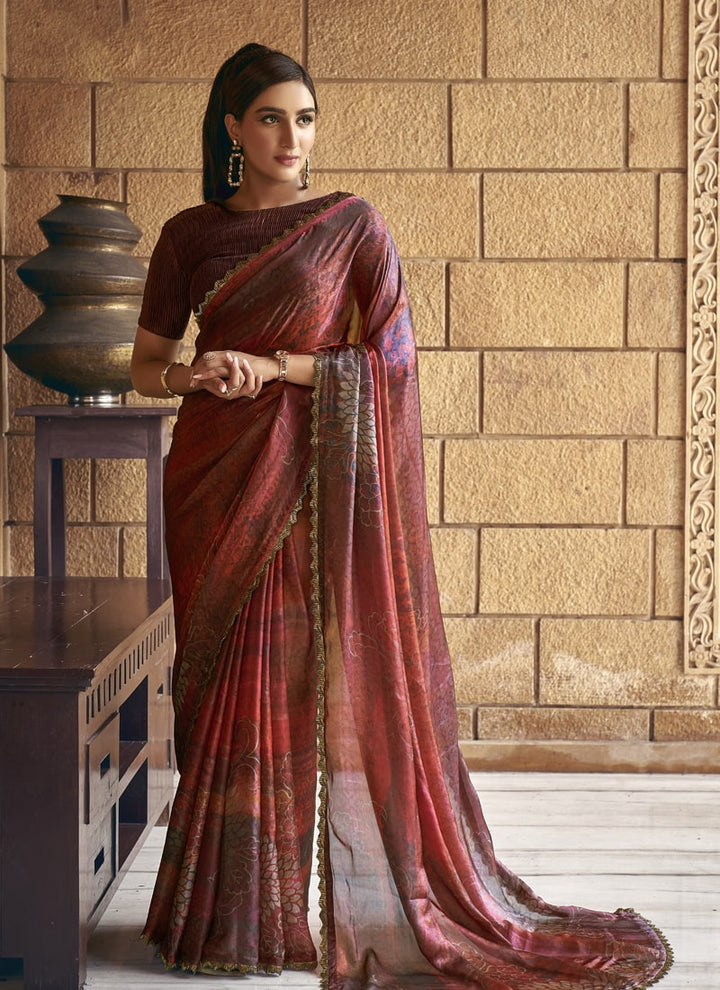 Lassya Fashion Coffee Brown Party Wear Saree with Handwork and Floral Print