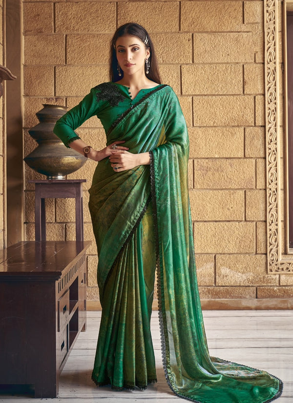 Lassya Fashion Rama Green Party Wear Saree with Beads Work and Print