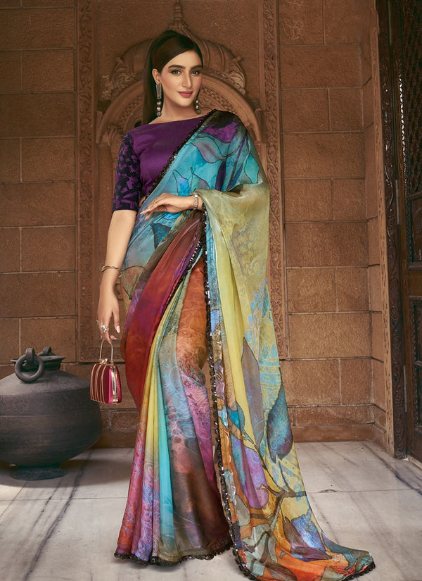 Lassya Fashion Multicolor Party Wear Saree with Beads and Sequins