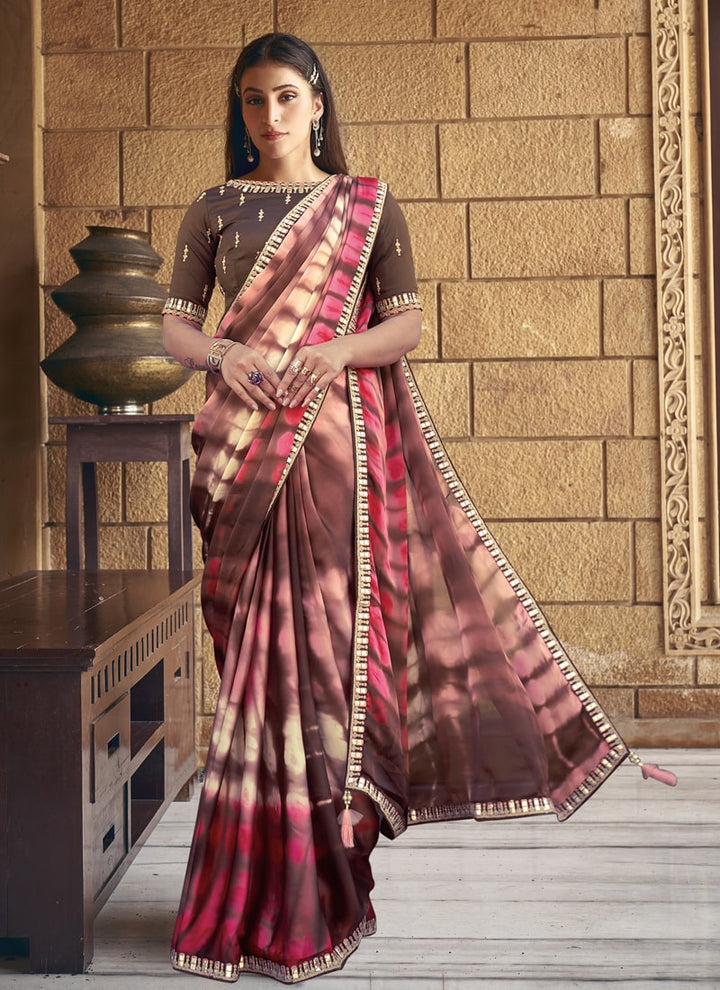 Lassya Fashion Brown Party Wear Saree with Gota Work and Tie-Dye