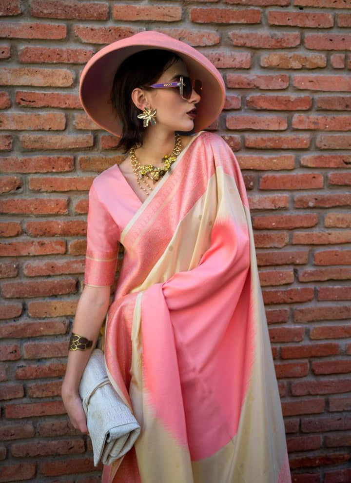 Lassya Fashion Falmingo Pink-Cream Silk Saree with Handloom Weaving