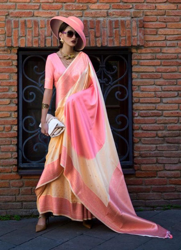 Lassya Fashion Falmingo Pink-Cream Silk Saree with Handloom Weaving