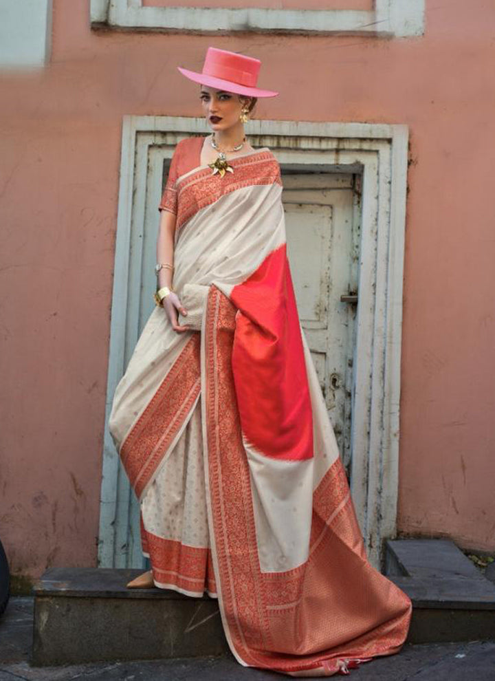 Lassya Fashion Off White-Red Silk Saree with Handloom Weaving