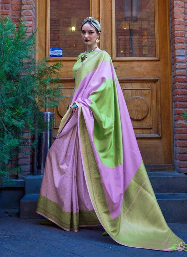 Lassya Fashion Pista Green-Lavender Silk Saree with Handloom Weaving