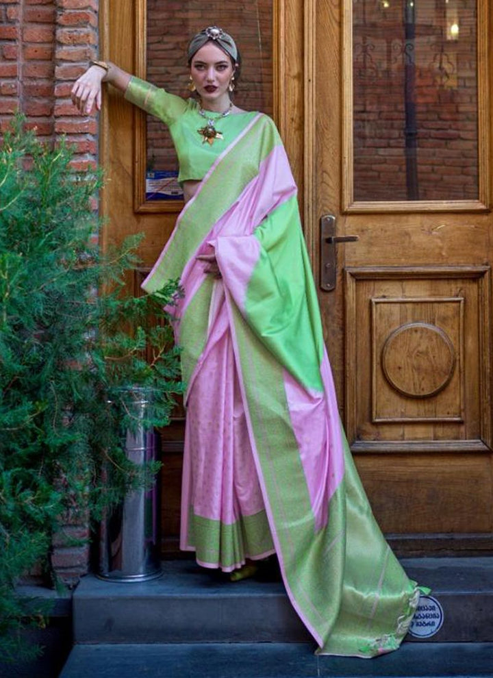 Lassya Fashion Pista Green-Lavender Silk Saree with Handloom Weaving