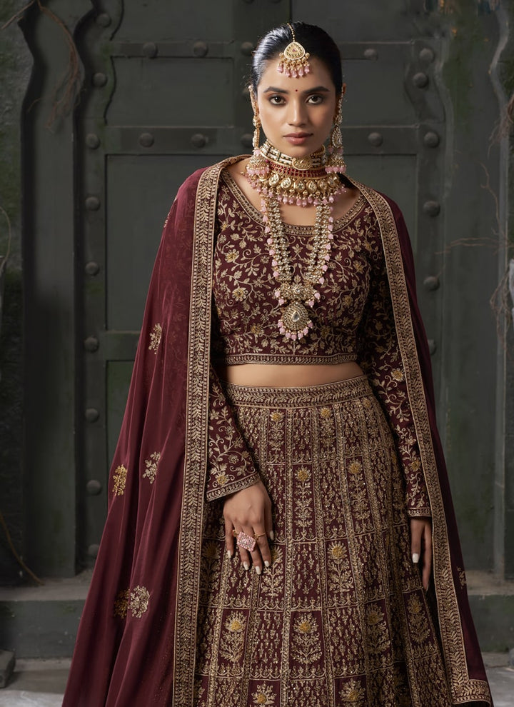 Lassya Fashion Maroon Bridal Lehenga with Premium Codding and Zarkan