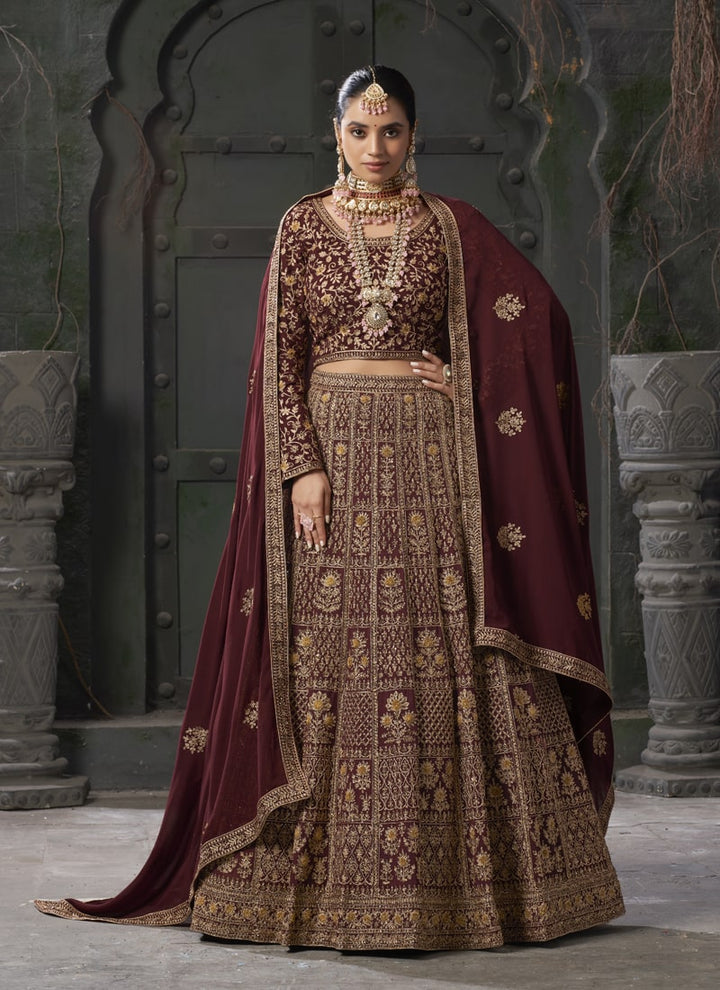 Lassya Fashion Maroon Bridal Lehenga with Premium Codding and Zarkan