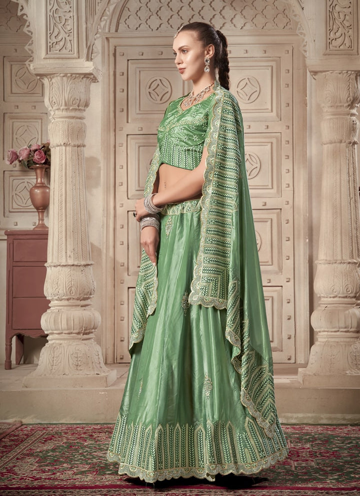 Lassya Fashion Pista Green Wedding Lehenga with Zarkan and Mirror Work