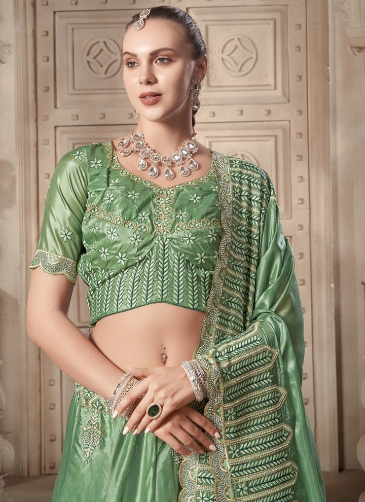 Lassya Fashion Pista Green Wedding Lehenga with Zarkan and Mirror Work