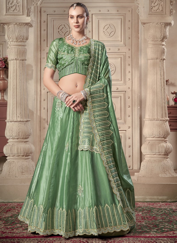 Lassya Fashion Pista Green Wedding Lehenga with Zarkan and Mirror Work