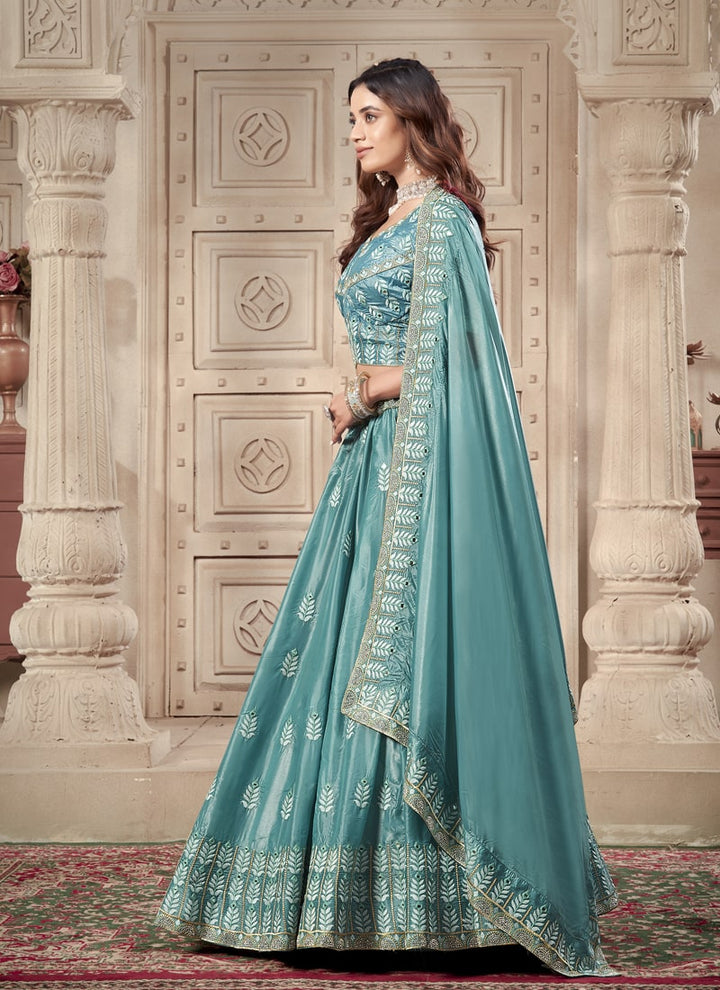 Lassya Fashion Ocean Blue Wedding Lehenga with Zarkan and Mirror Work