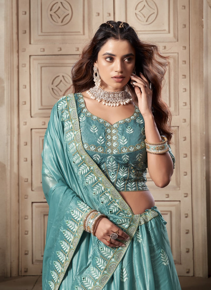 Lassya Fashion Ocean Blue Wedding Lehenga with Zarkan and Mirror Work