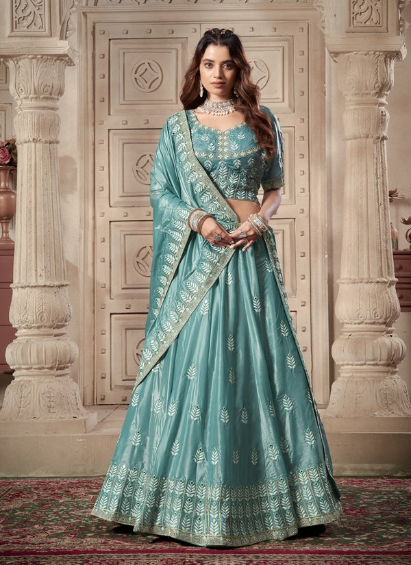 Lassya Fashion Ocean Blue Wedding Lehenga with Zarkan and Mirror Work