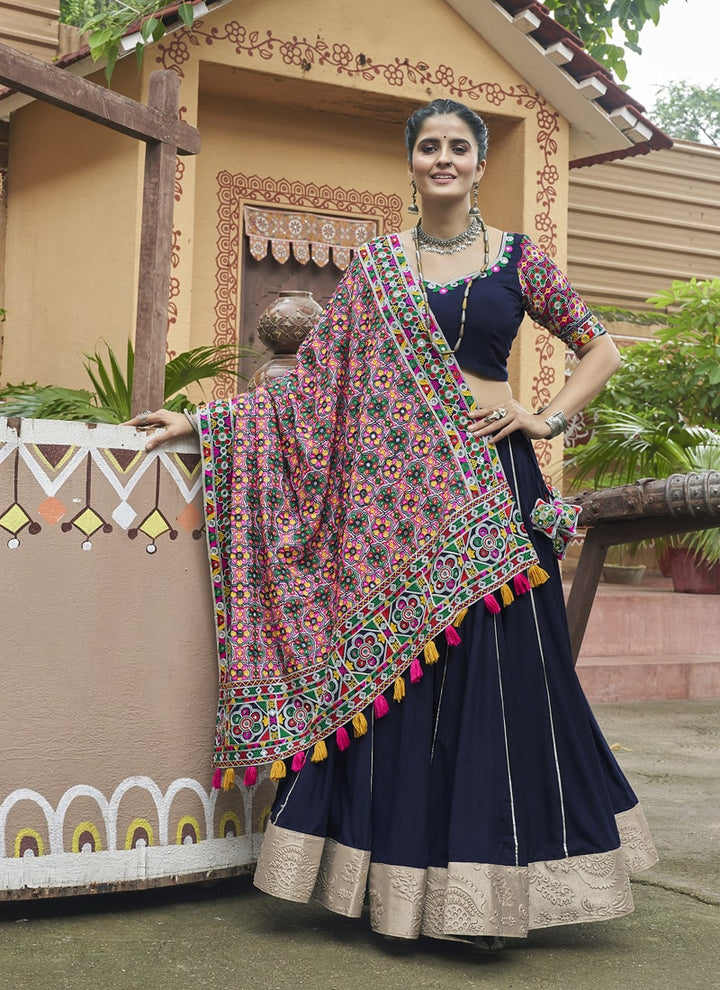 Lassya Fashion Navy Blue Chaniya Choli with Embroidered Mirror Work