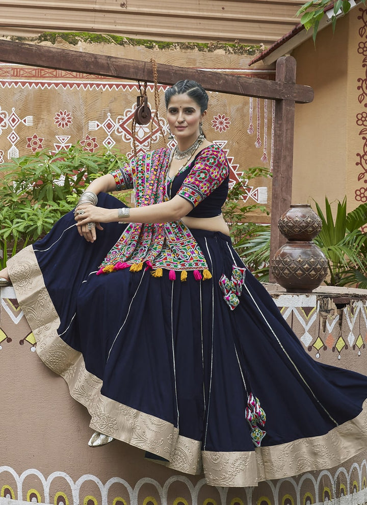 Lassya Fashion Navy Blue Chaniya Choli with Embroidered Mirror Work