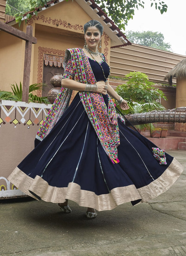 Lassya Fashion Navy Blue Chaniya Choli with Embroidered Mirror Work