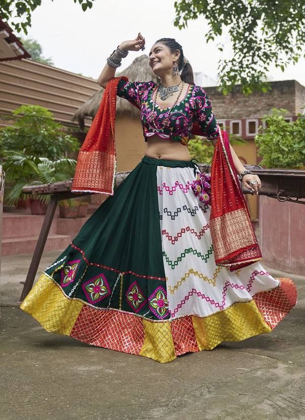 Lassya Fashion Green-White Chaniya Choli with Mirror Embroidery and Jacquard Dupatta