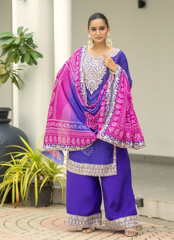 Lassya Fashion Violet Palazzo Suit with Digital Print and Mirror Work