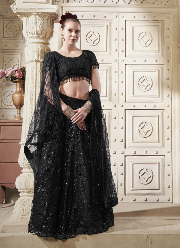 Lassya Fashion Jade Black Engagement Lehenga with Flower Patches