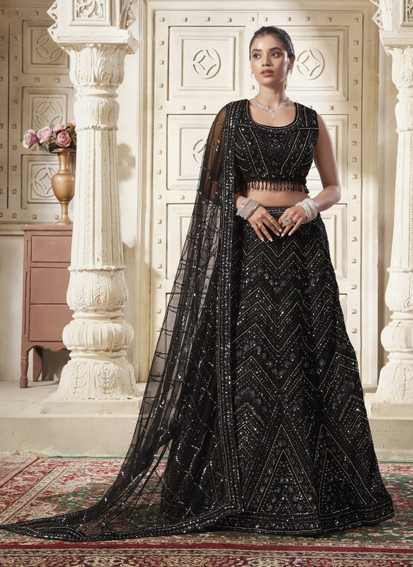 Lassya Fashion Mignight Black Engagement Lehenga with Zarkan and Sequins