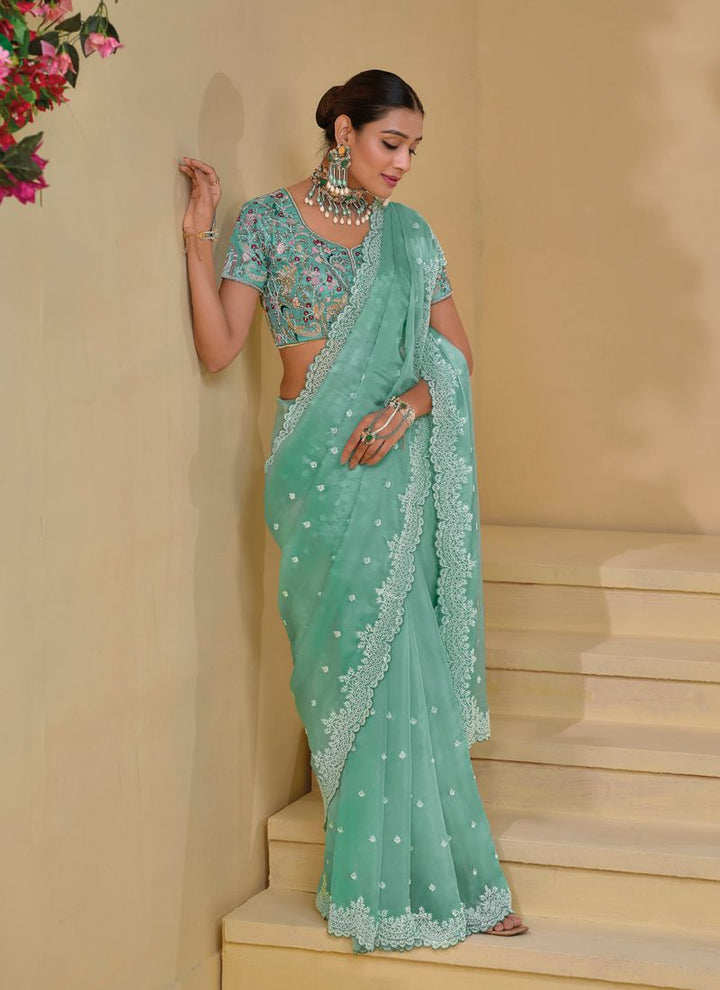 Lassya fashion Sea Green Banarasi Tuscany Saree with Heavy Work