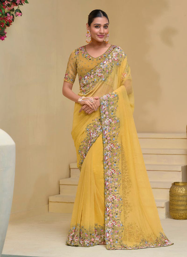 Lassya fashion Mustard Banarasi Tuscany Saree with Moti-Zarkan Work