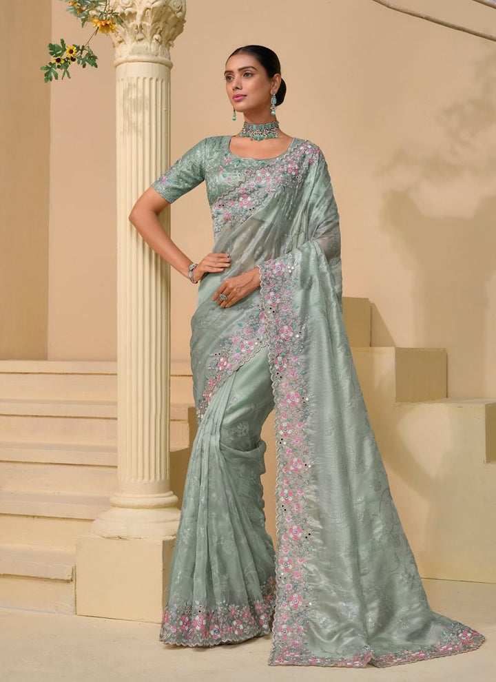 Lassya fashion Pista Soft Shine Saree with Heavy Work