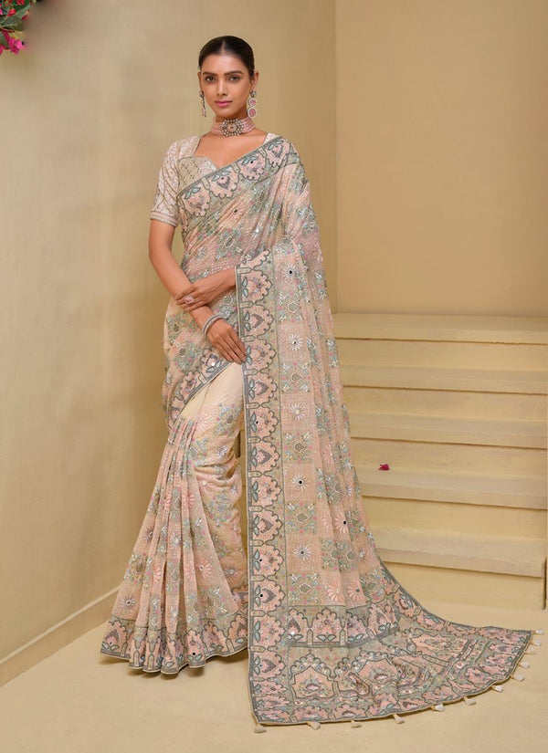 Lassya fashion Cream Banarasi Tuscany Saree with Mirror-Moti Work