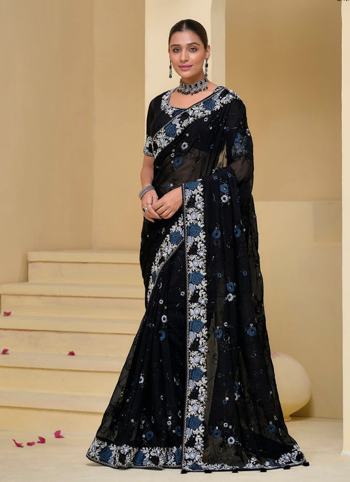 Lassya fashion Black Banarasi Tuscany Saree with Moti-Sequin Work