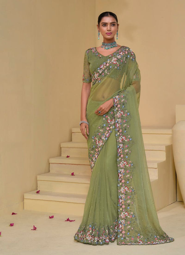 Lassya fashion Pista Green Pista Banarasi Tuscany Saree with Moti-Zarkan Work