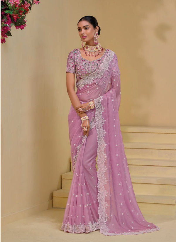 Lassya fashion Pink Banarasi Tuscany Saree with Cut-Dana-Sequin Work