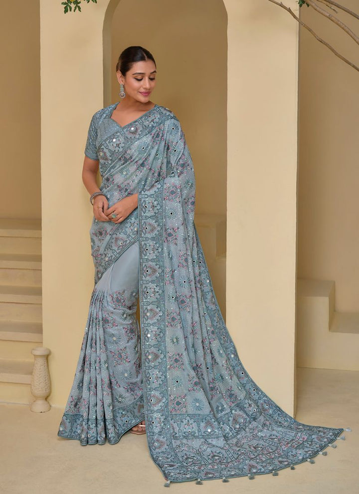 Lassya fashion Grey Banarasi Tuscany Saree with Mirror-Moti Work