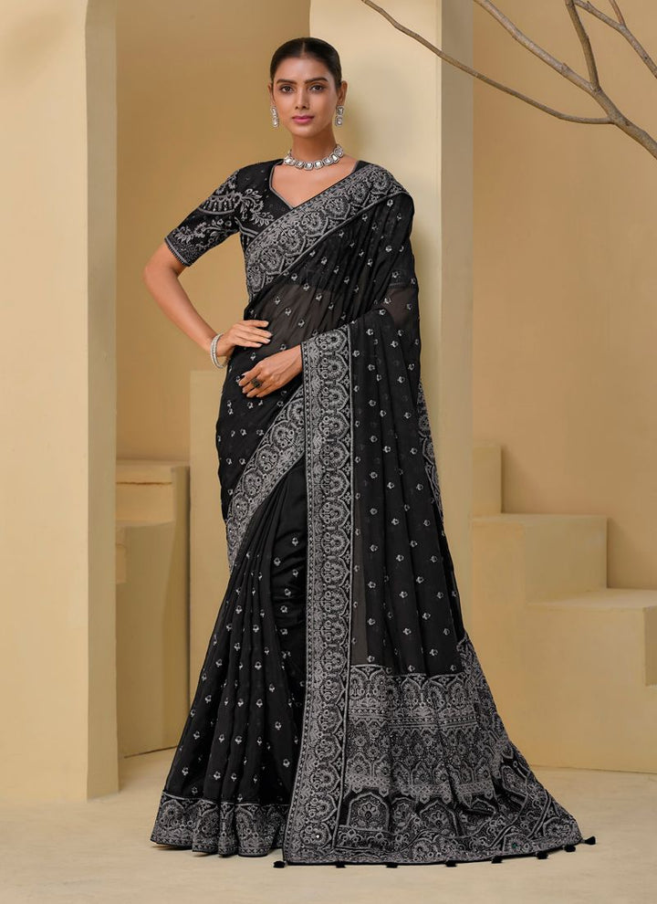 Lassya fashion Black Banarasi Tuscany Saree with Moti-Mirror Work