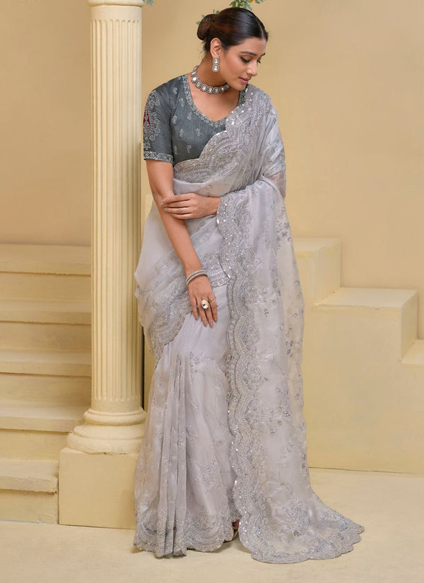 Lassya fashion Grey Soft Shine Saree with Moti-Zarkan Work