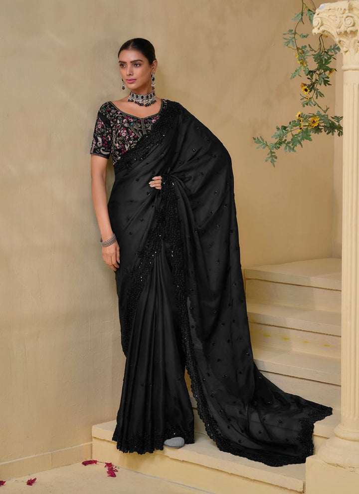 Lassya fashion Black Banarasi Tuscany Saree with Cut-Dana-Sequin Work