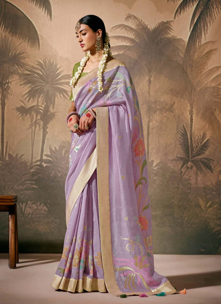 Lassya fashion Lavender Paithani Banarasi Saree with Zari-assels