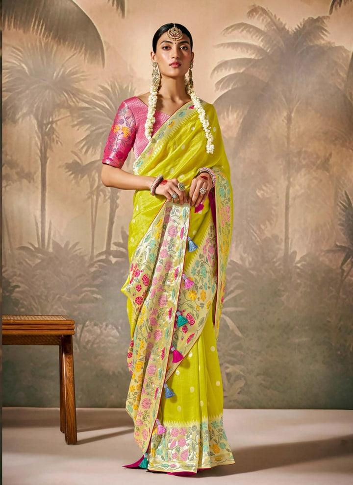 Lassya fashion Lemon Yellow Paithani Banarasi Munga Silk Saree