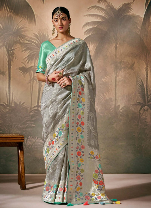 Lassya fashion Grey Paithani Banarasi Munga Silk Saree