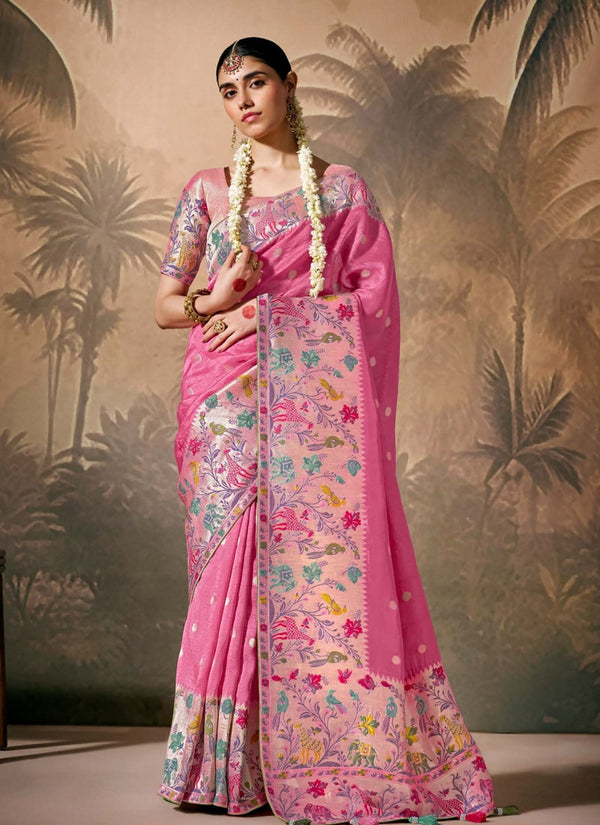 Lassya fashion Pink Paithani Banarasi Munga Silk Saree with Zari