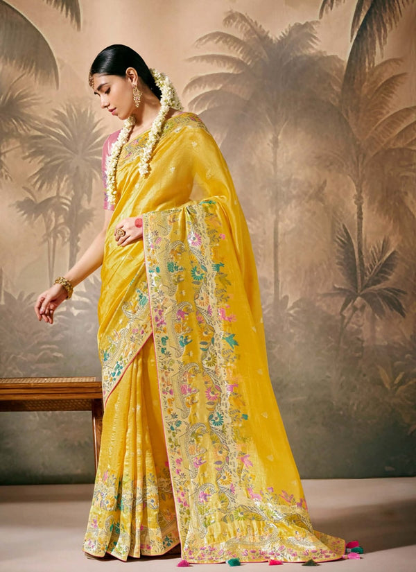 Lassya fashion Amber Yellow Paithani Banarasi Munga Silk Saree with Zari