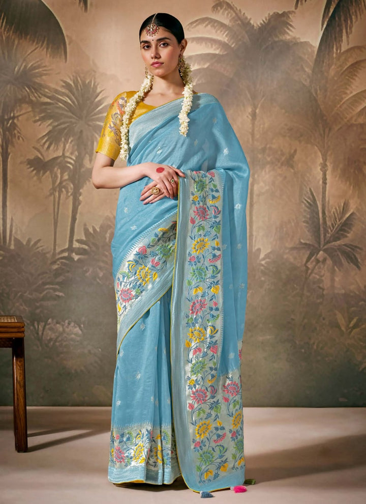 Lassya fashion Sky Blue Paithani Banarasi Munga Silk Saree with Zari