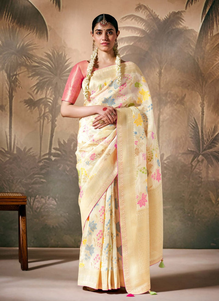 Lassya fashion Beige Cream Paithani Banarasi Munga Silk Saree with Zari