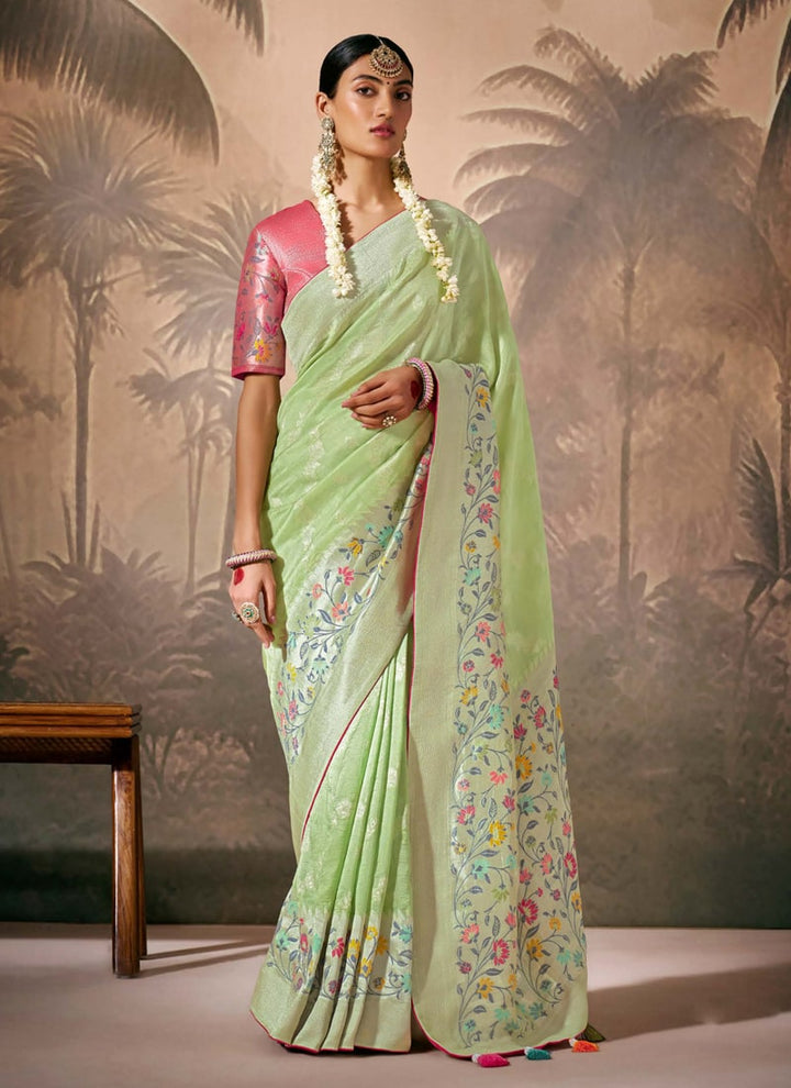 Lassya fashion Pista green Paithani Banarasi Munga Silk Saree with Zari-Resham Work