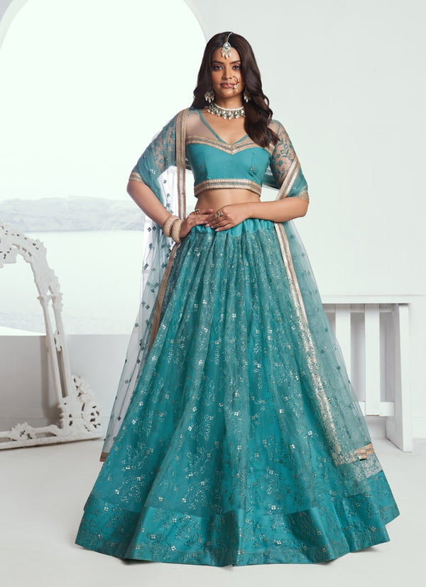 Lassya fashion Rama Green Designer Engagement Lehenga with Zari Work