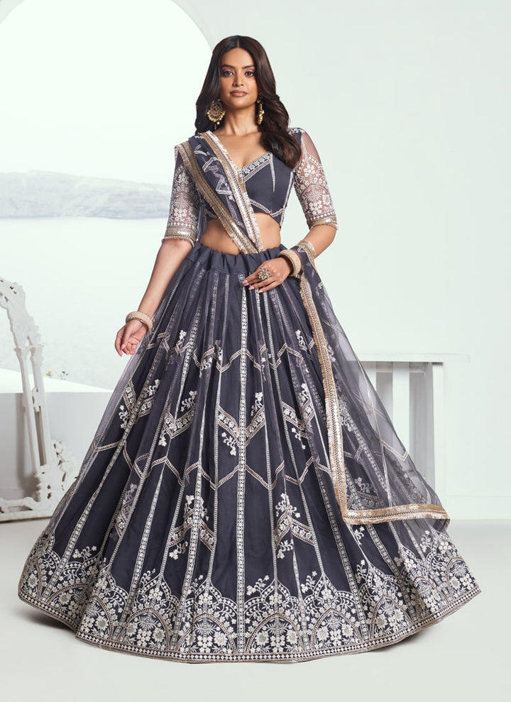 Lassya fashion Dark Grey Designer Engagement Lehenga with Zari Work