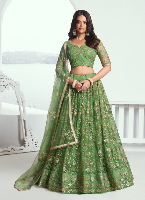 Lassya fashion Pista green Designer Engagement Lehenga with Zari Work