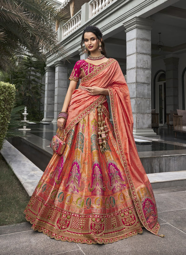 Lassya fashion Peach Orange Banarasi Silk Wedding Lehenga Choli